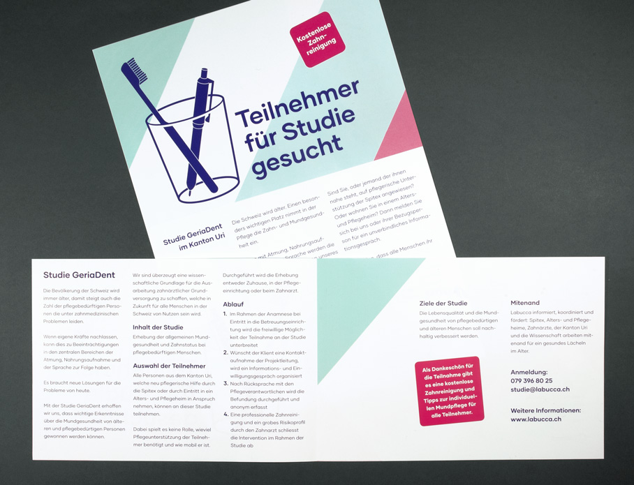 Teilnehmer für eine Studie im Kanton Uri gesucht: Faltblatt und Poster.